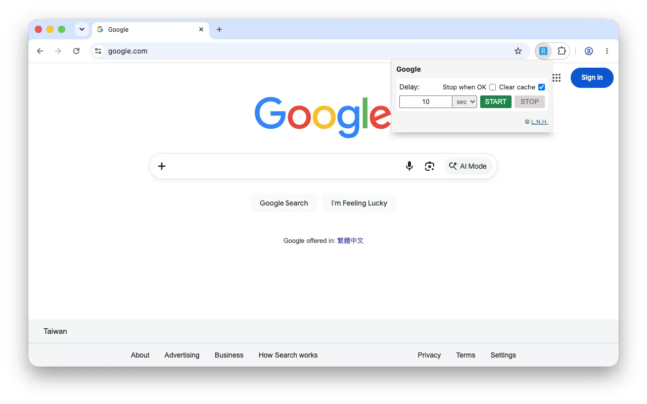 The 1Click Auto Refresh popup open over a page, delay set, ready to start