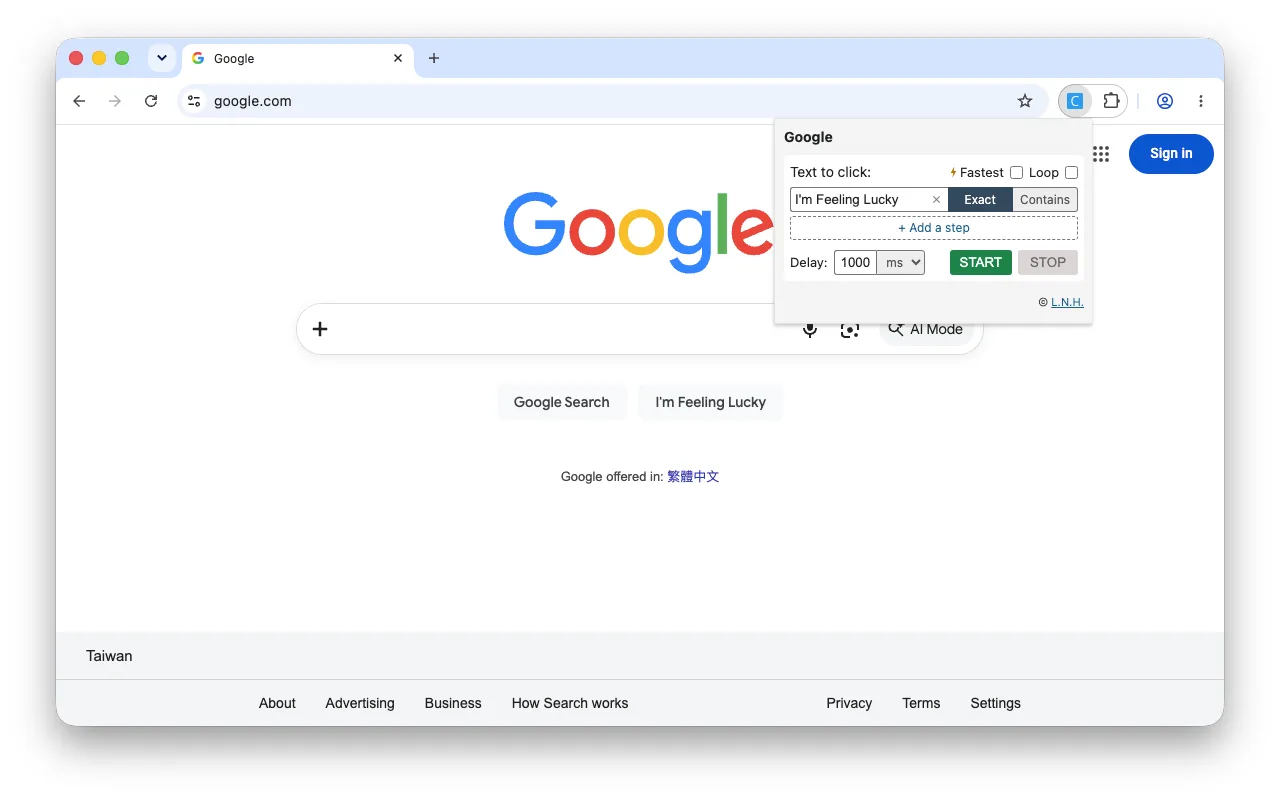 The Refresh n Click popup with the text field and match modes, ready to start