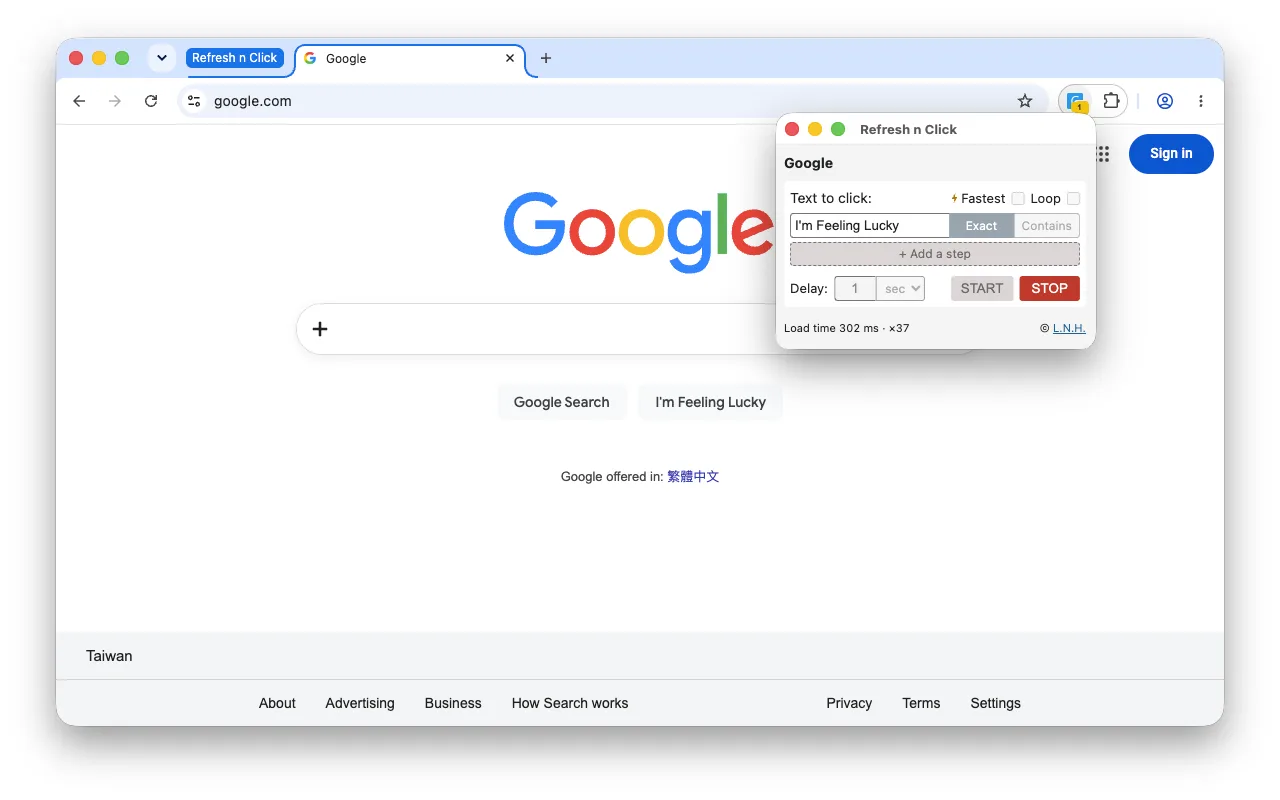 A run in progress — the floating controls window refreshing and watching for the button